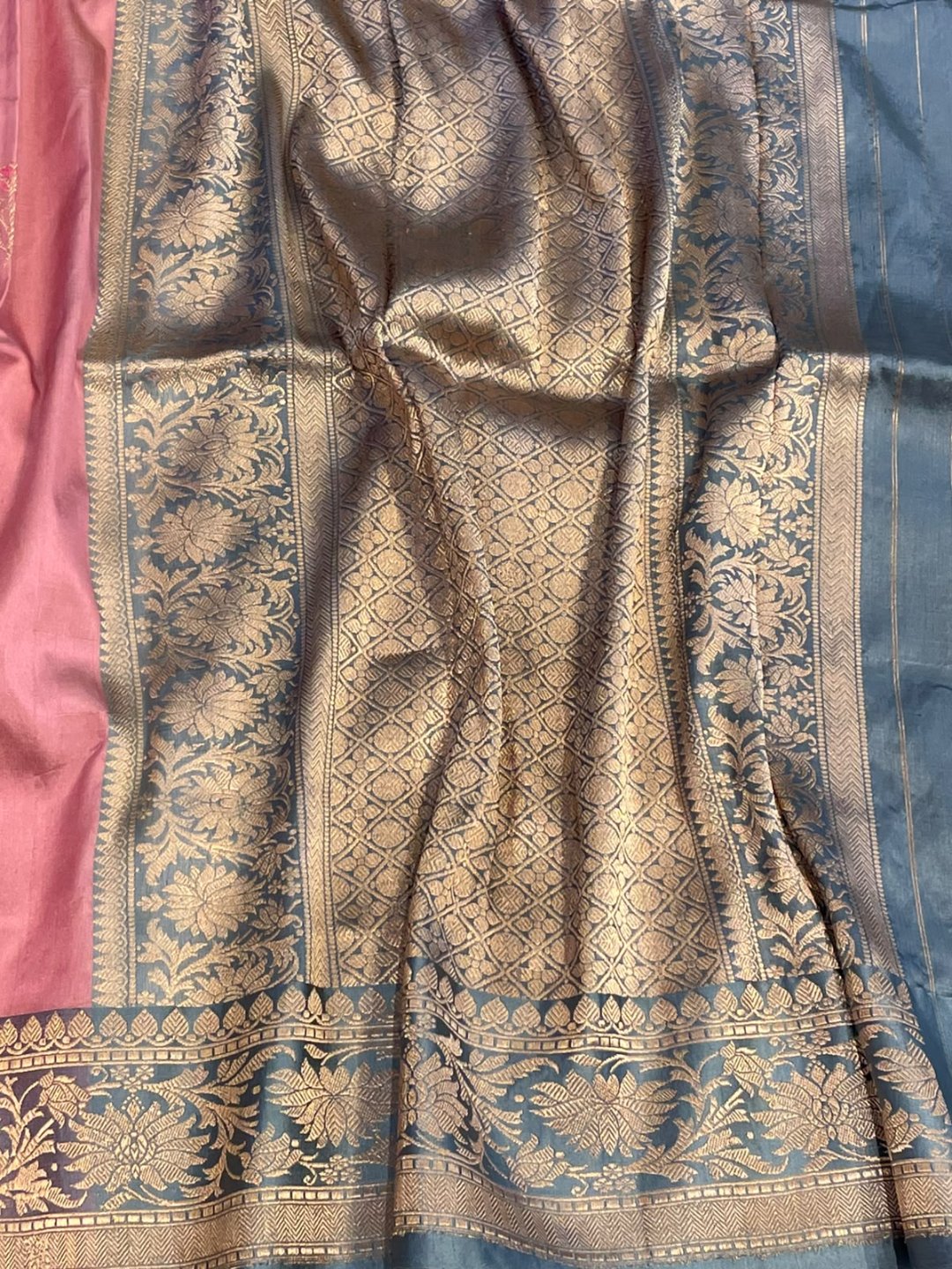 Light Pink with grey border Satin Silk Banarasi saree front drape view