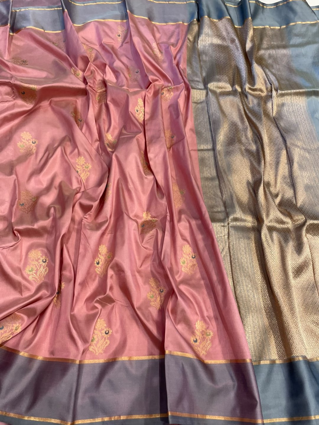 Light pink with grey patta border Satin Silk Banarasi saree front drape view