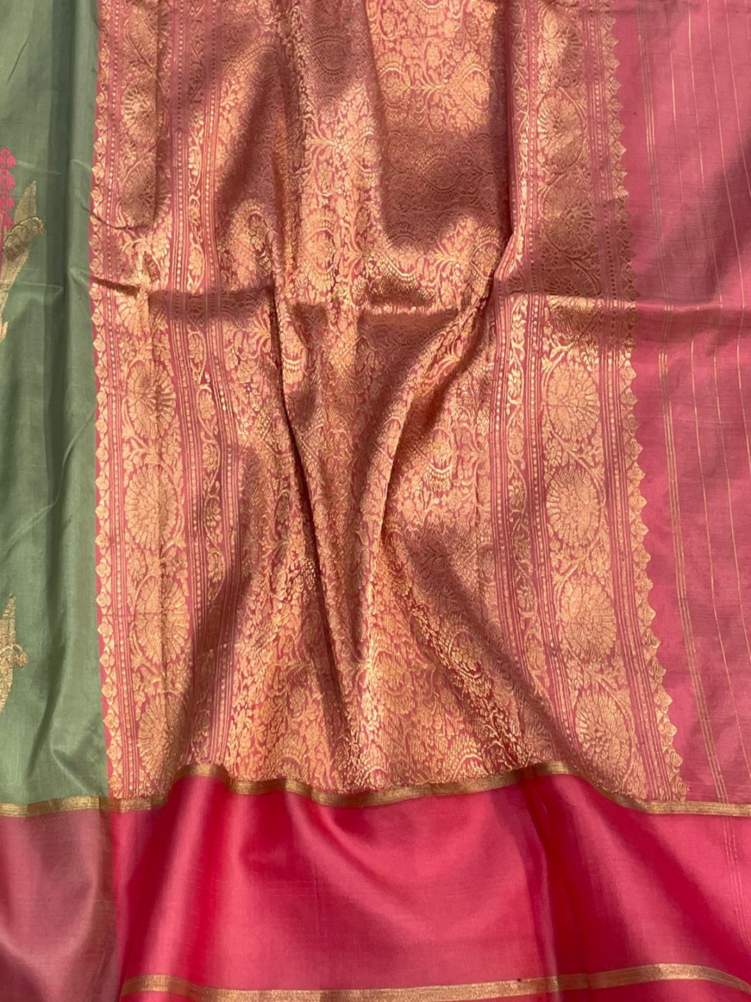 Pista green with grey patta border Satin Silk Banarasi saree blouse piece