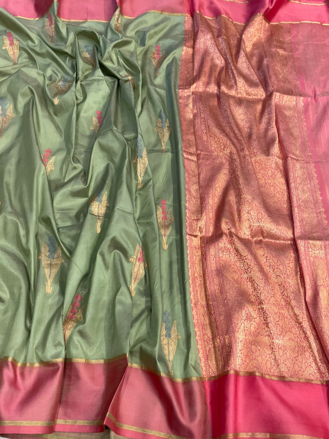 Pista green with grey patta border Satin Silk Banarasi saree front drape view