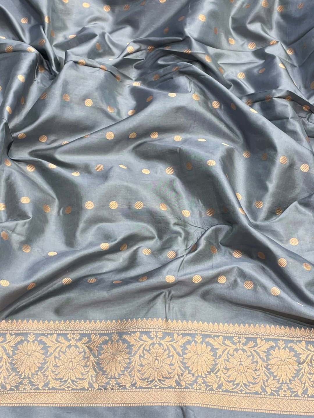 Lime Yellow with Grey Meenakari border Satin Silk Banarasi saree full spread