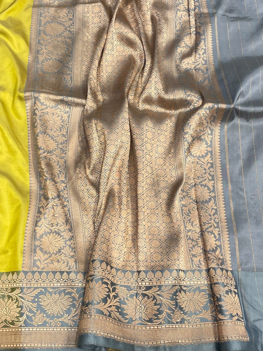 Lime Yellow with Grey Meenakari border Satin Silk Banarasi saree pallu detail