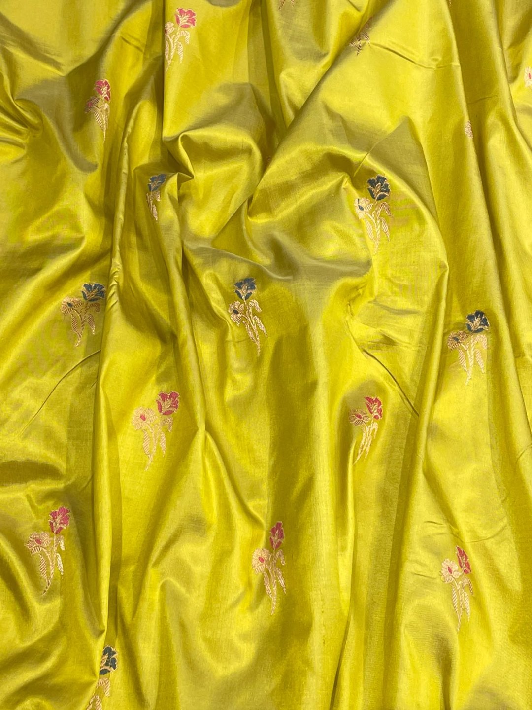 Lime Yellow with Grey Meenakari border Satin Silk Banarasi saree blouse piece