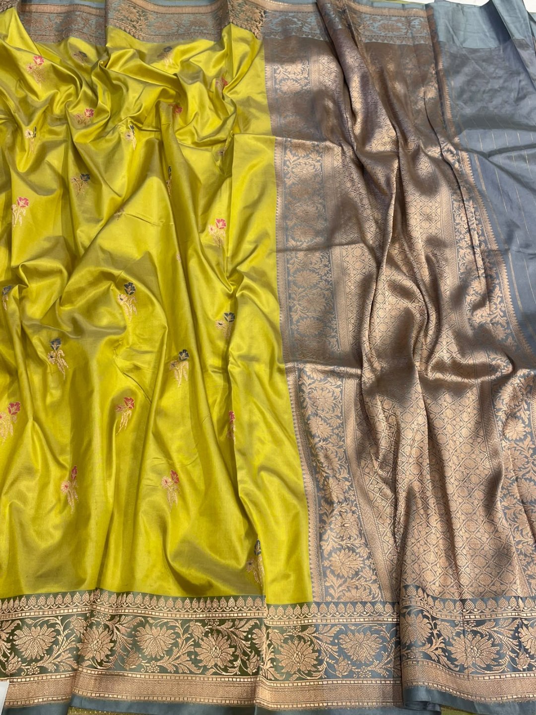 Lime Yellow with Grey Meenakari border Satin Silk Banarasi saree front drape view