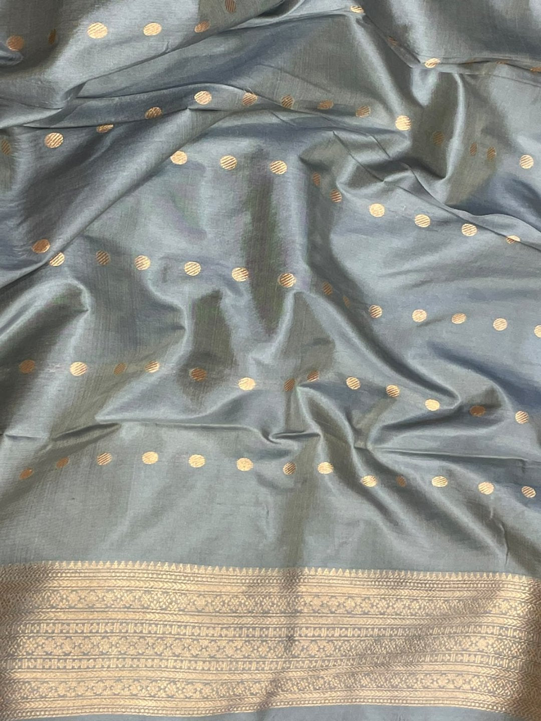 Lime Green with Grey Patta border Satin Silk Banarasi saree full spread