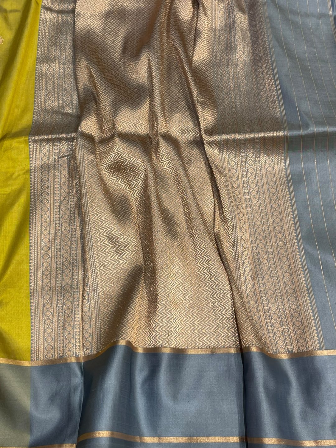 Lime Green with Grey Patta border Satin Silk Banarasi saree blouse piece