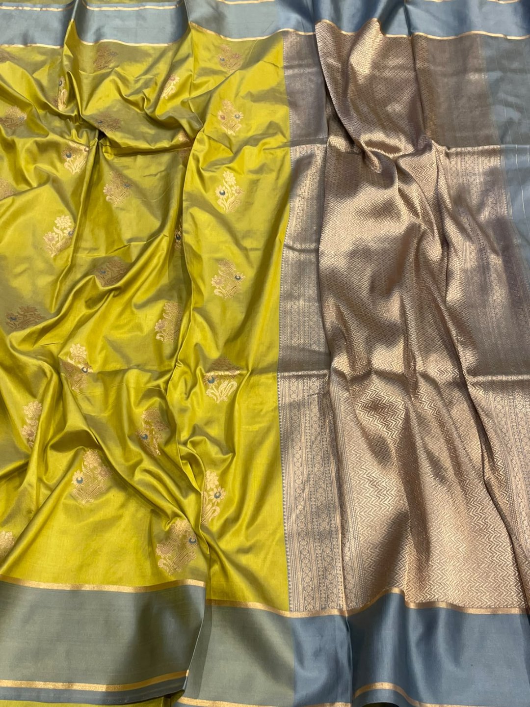 Lime Green with Grey Patta border Satin Silk Banarasi saree front drape view