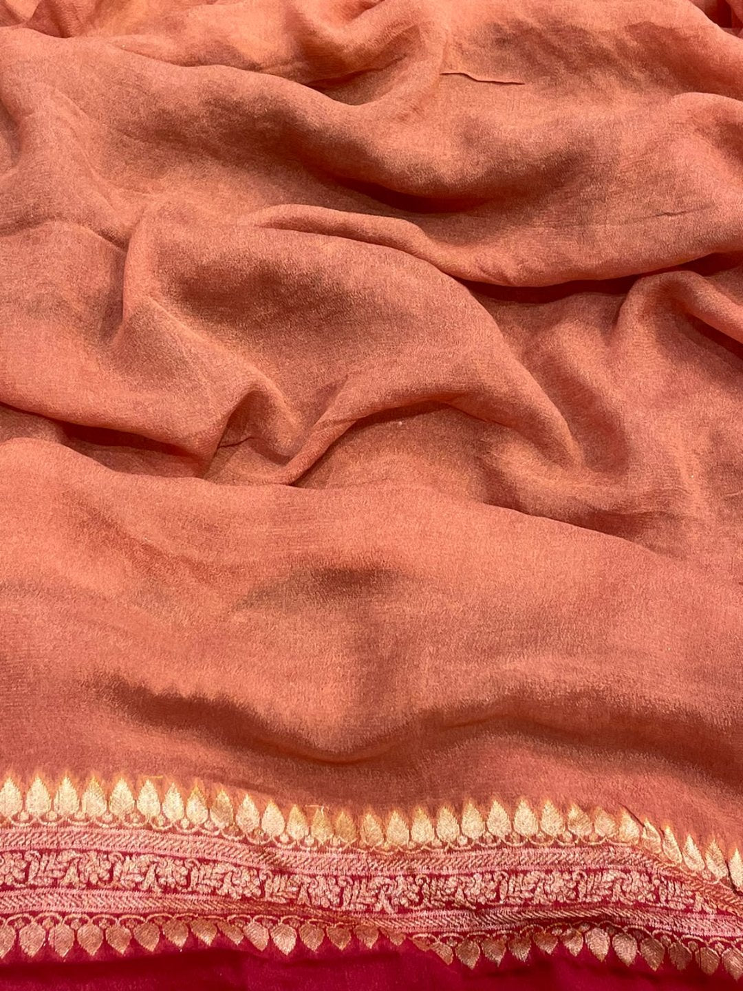 Peach tone with multicolor strips Chiffon Banarasi saree full spread