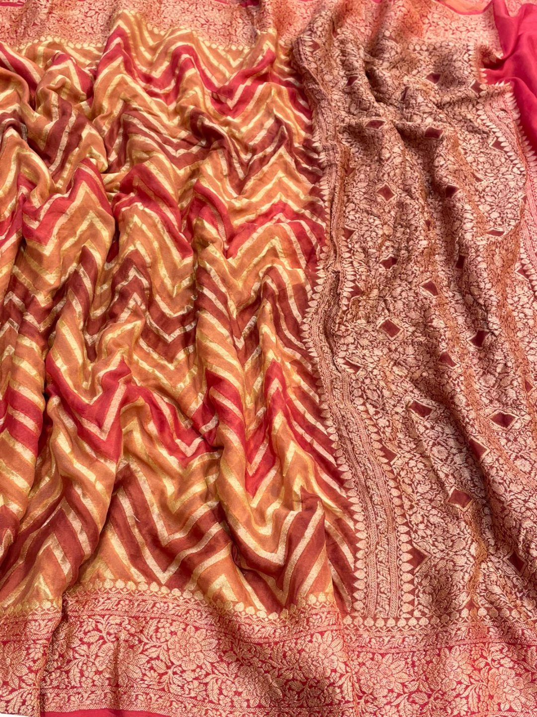 Peach tone with multicolor strips Chiffon Banarasi saree front drape view