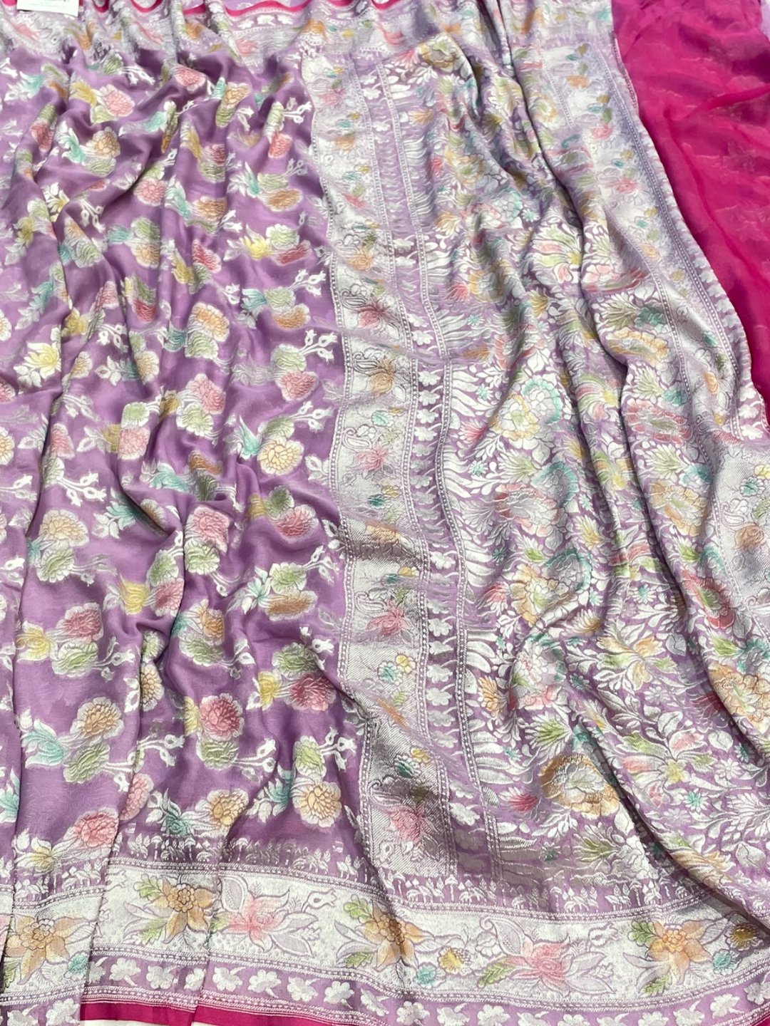 Light Levender with multicolor floral buta Georgette Banarasi saree front drape view