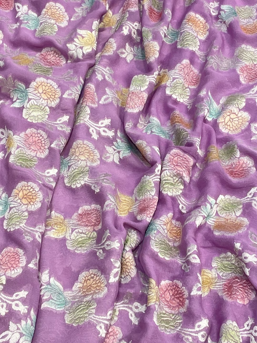 Light Levender with multicolor floral buta Georgette Banarasi saree pallu detail