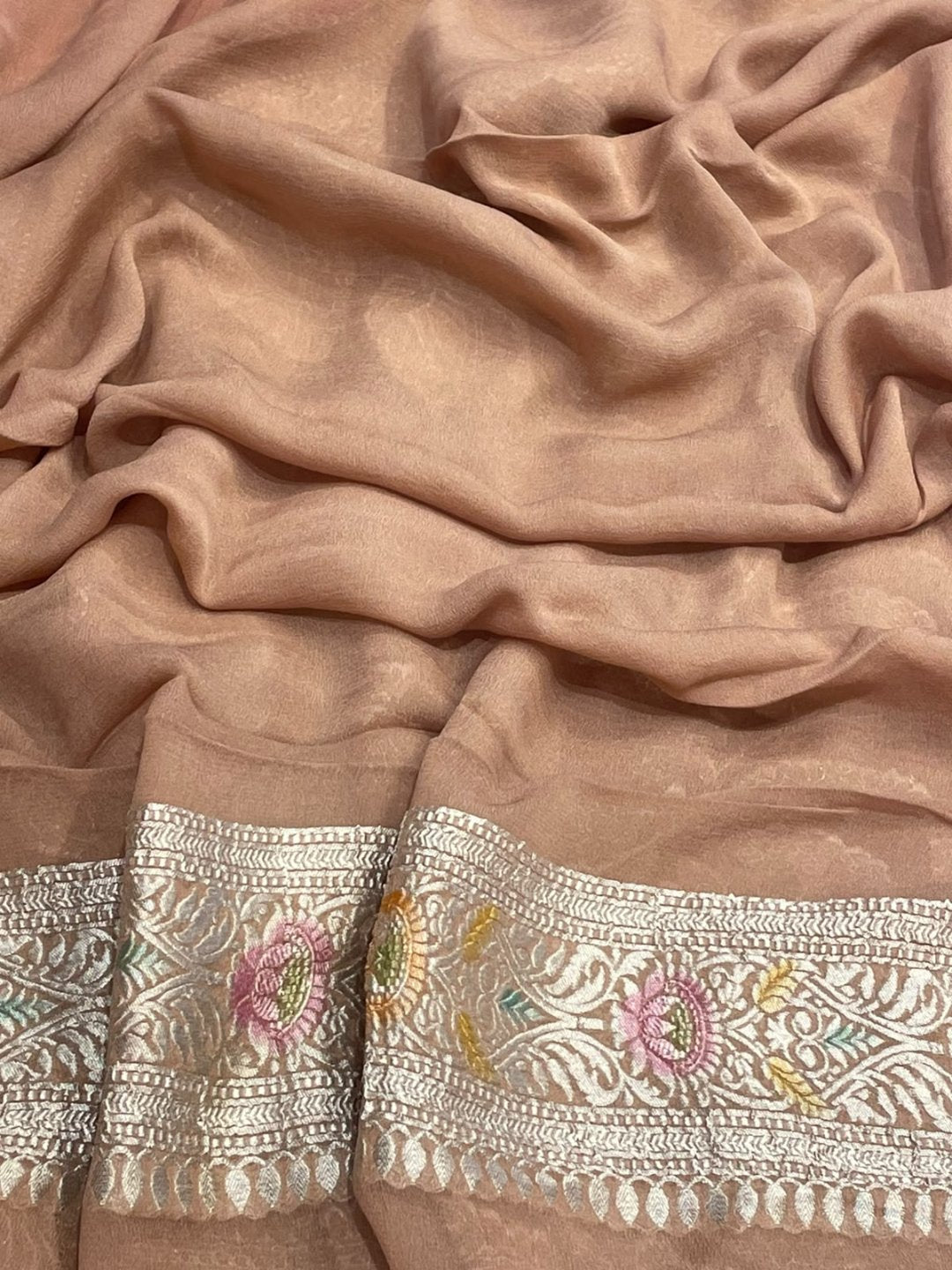 Dusty Peach with multicolor floral Jaal Georgette Banarasi saree full spread
