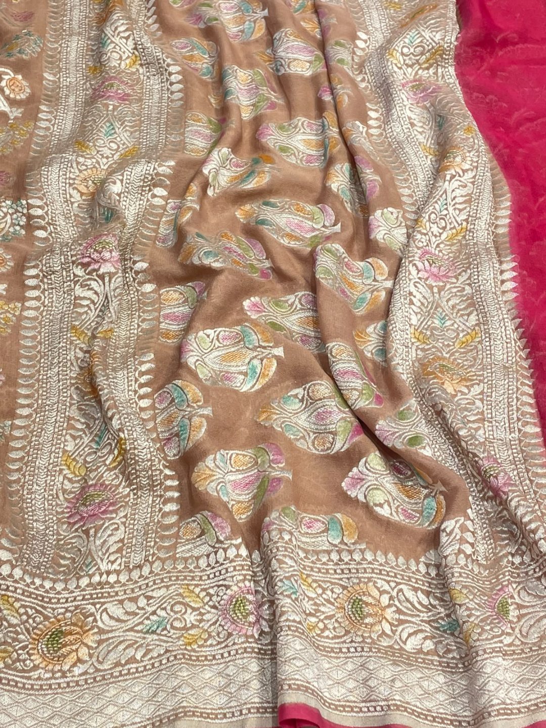 Dusty Peach with multicolor floral Jaal Georgette Banarasi saree pallu detail