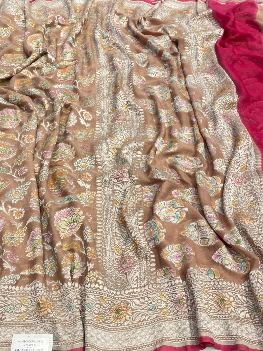 Dusty Peach with multicolor floral Jaal Georgette Banarasi saree front drape view