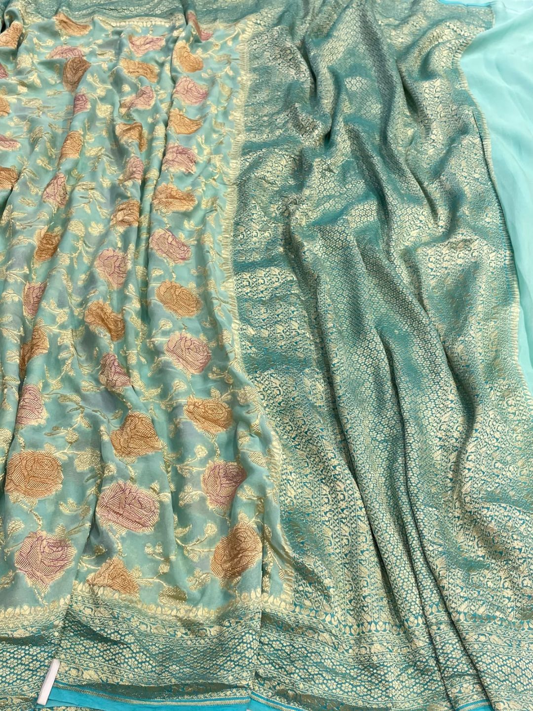 Sea green Georgette Banarasi saree front drape view
