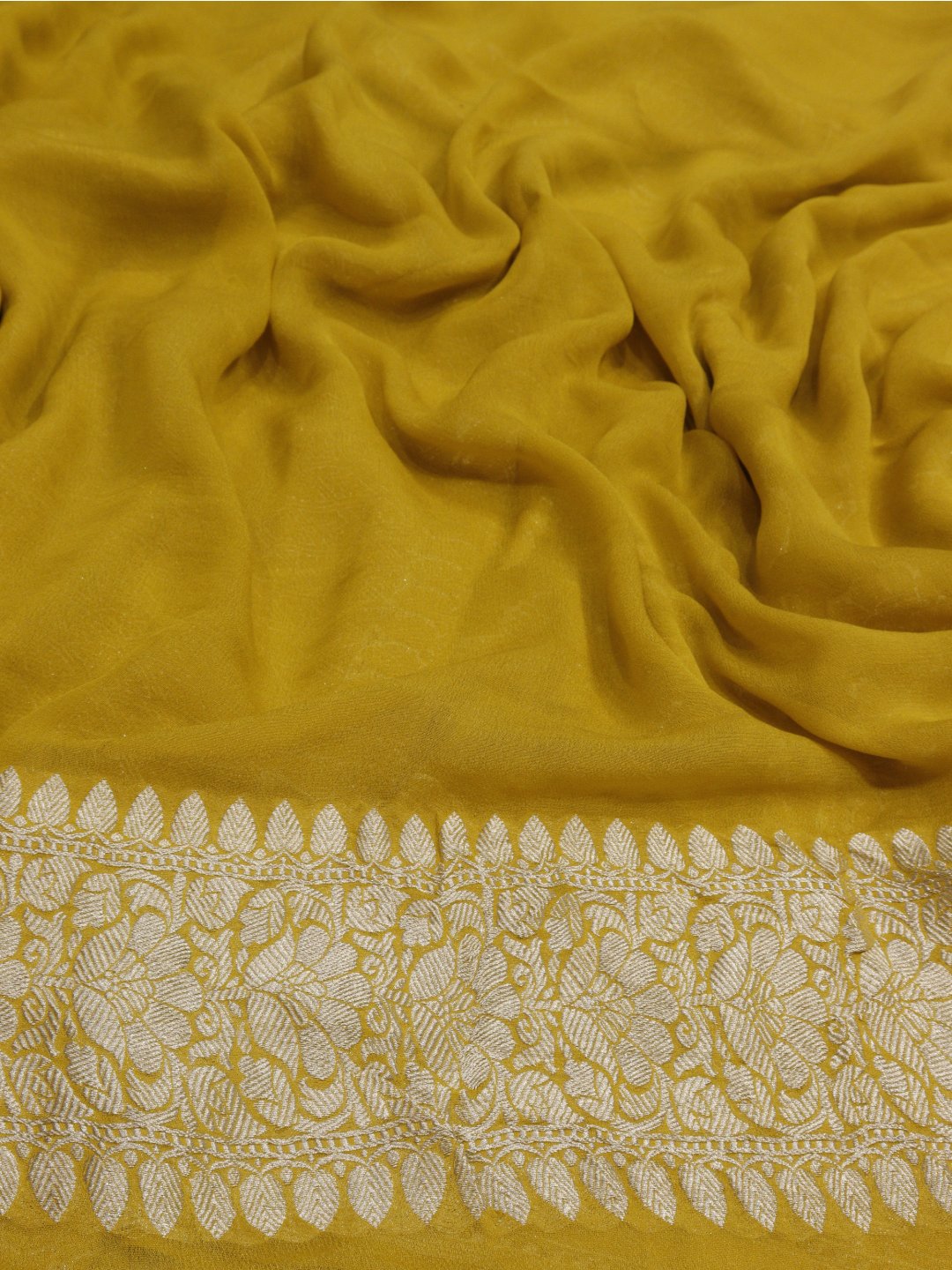 Musturd yellow silver zari jaal work Georgette Banarasi saree full spread