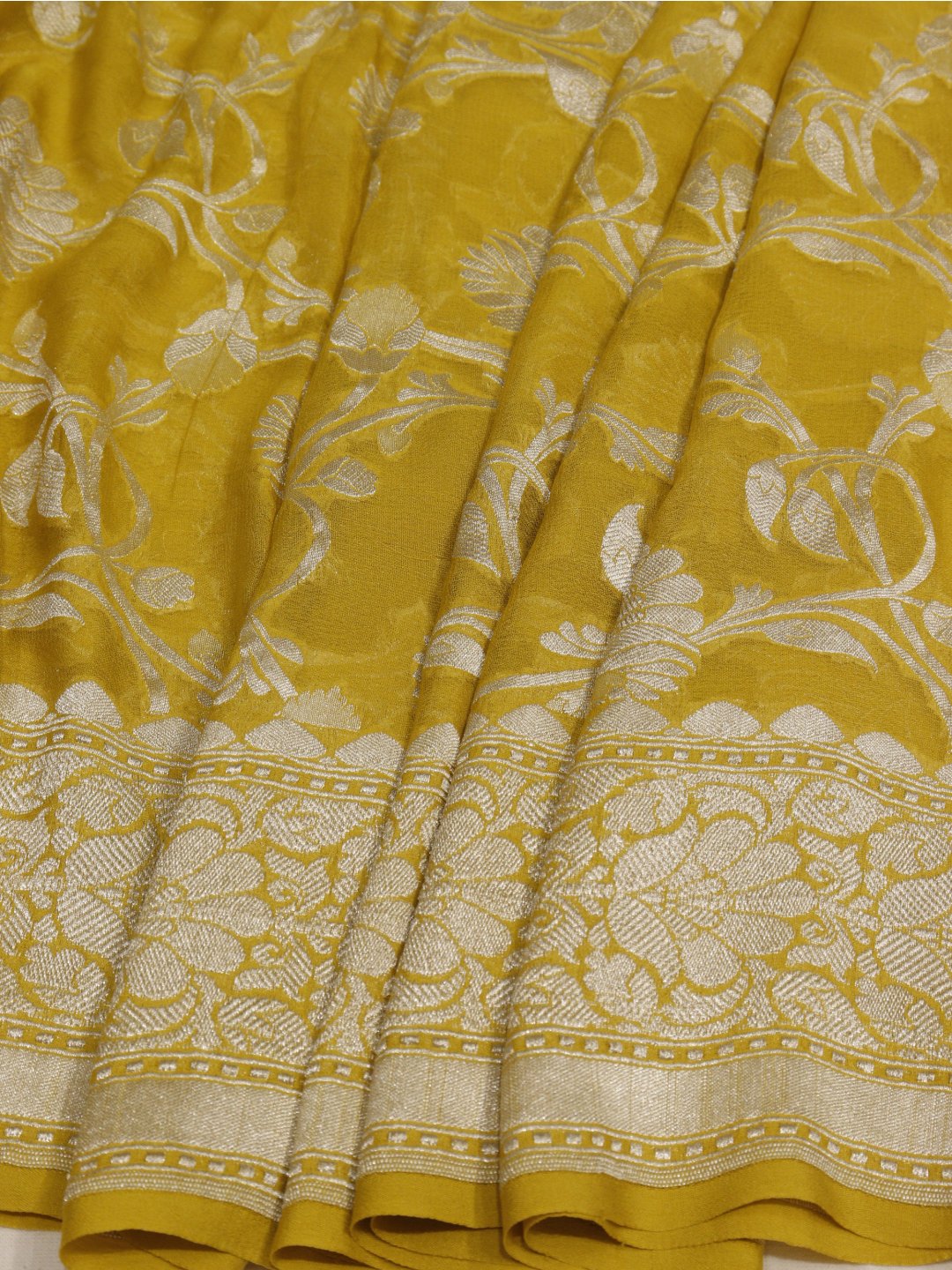 Musturd yellow silver zari jaal work Georgette Banarasi saree blouse piece