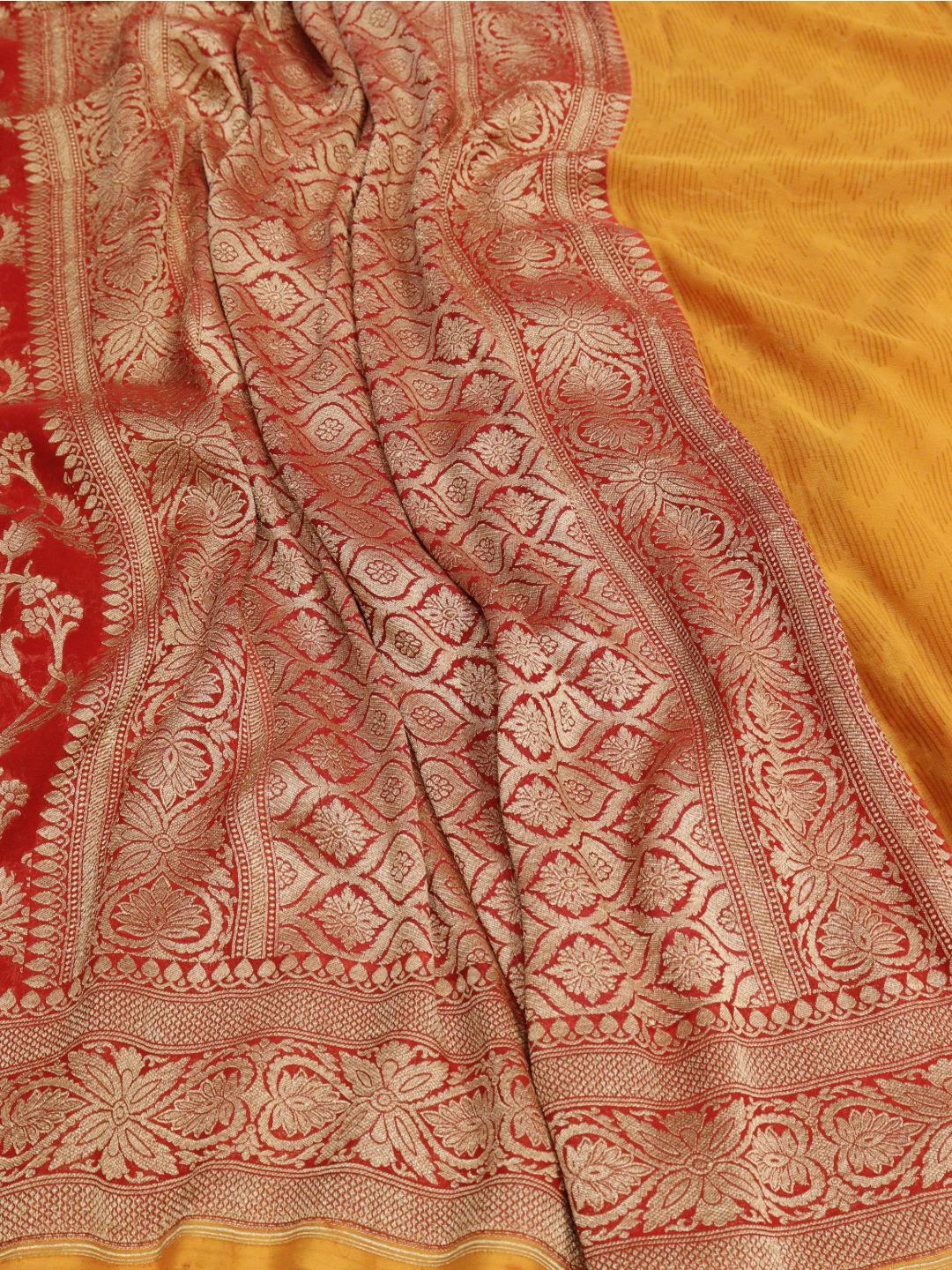 Dark Red with orange border tone Georgette Banarasi saree border closeup