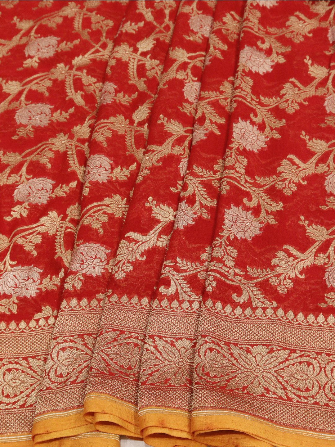 Dark Red with orange border tone Georgette Banarasi saree blouse piece
