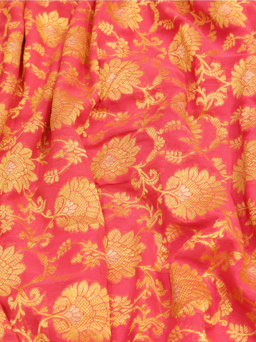 Pink Golden and Silver Zari jaal work Georgette Banarasi saree pallu detail