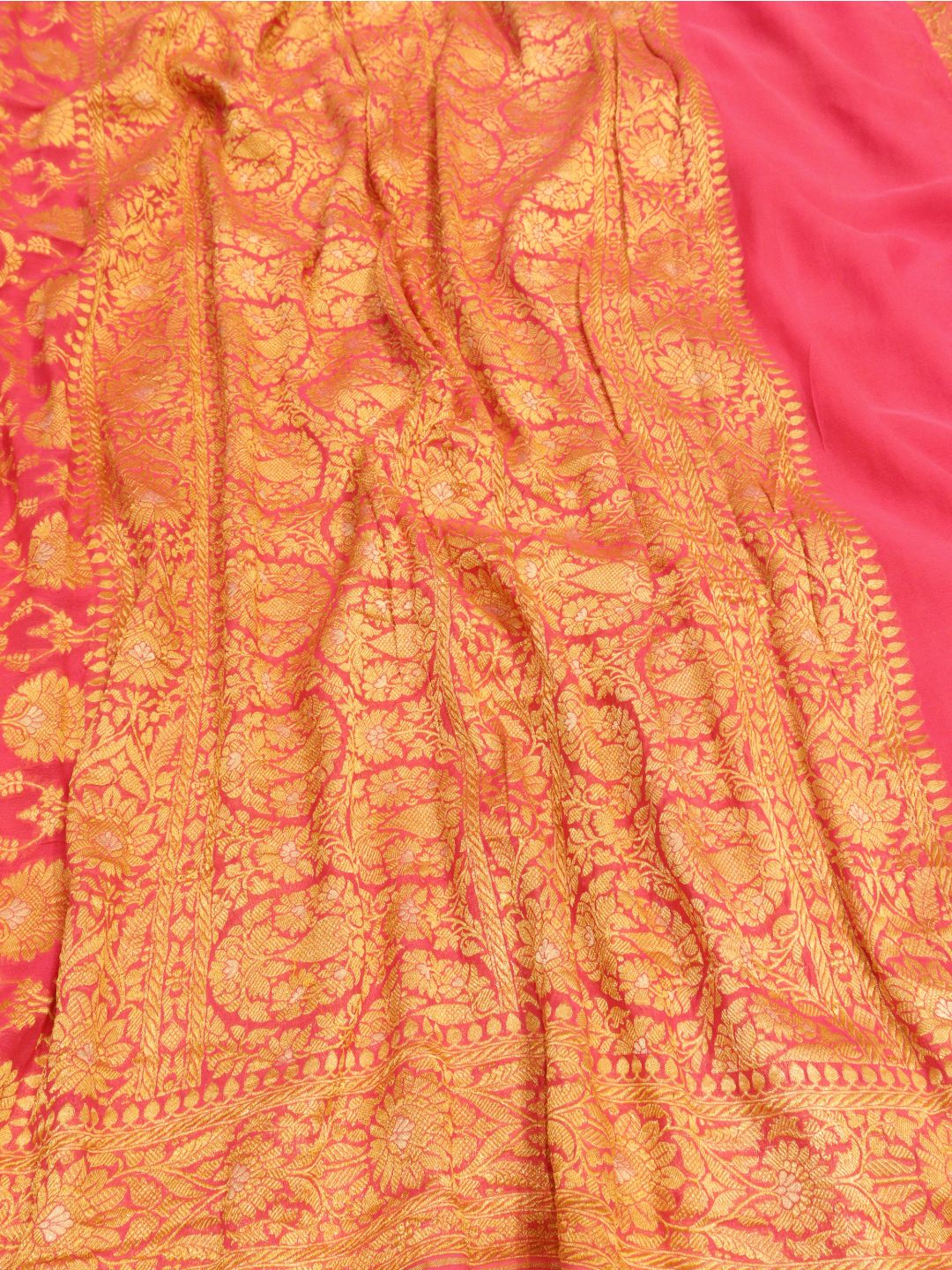 Pink Golden and Silver Zari jaal work Georgette Banarasi saree border closeup