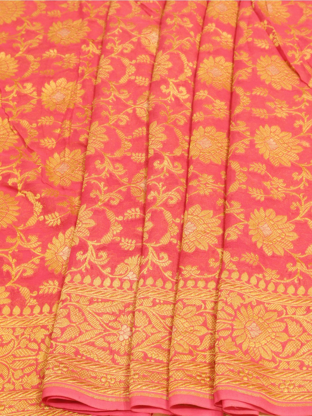 Pink Golden and Silver Zari jaal work Georgette Banarasi saree blouse piece