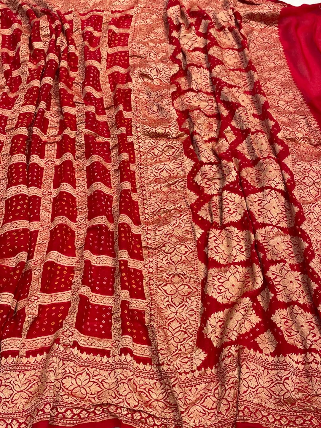 Red Bandhani Banarasi saree blouse piece