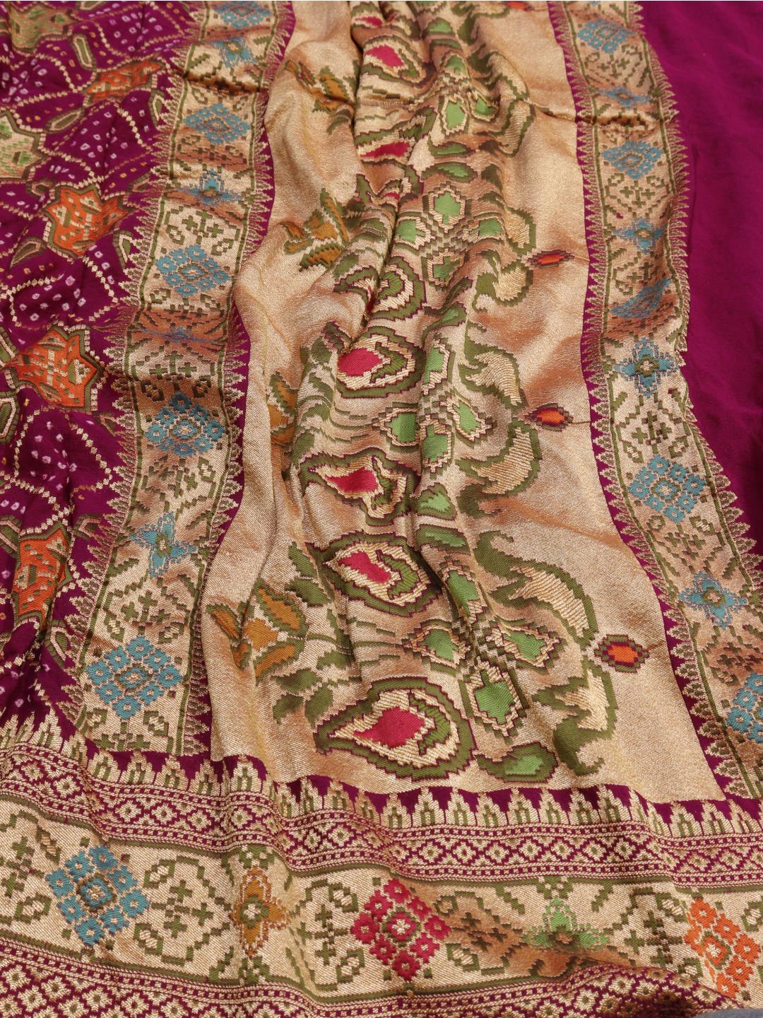 Rani pink Bandhani Banarasi saree front drape view