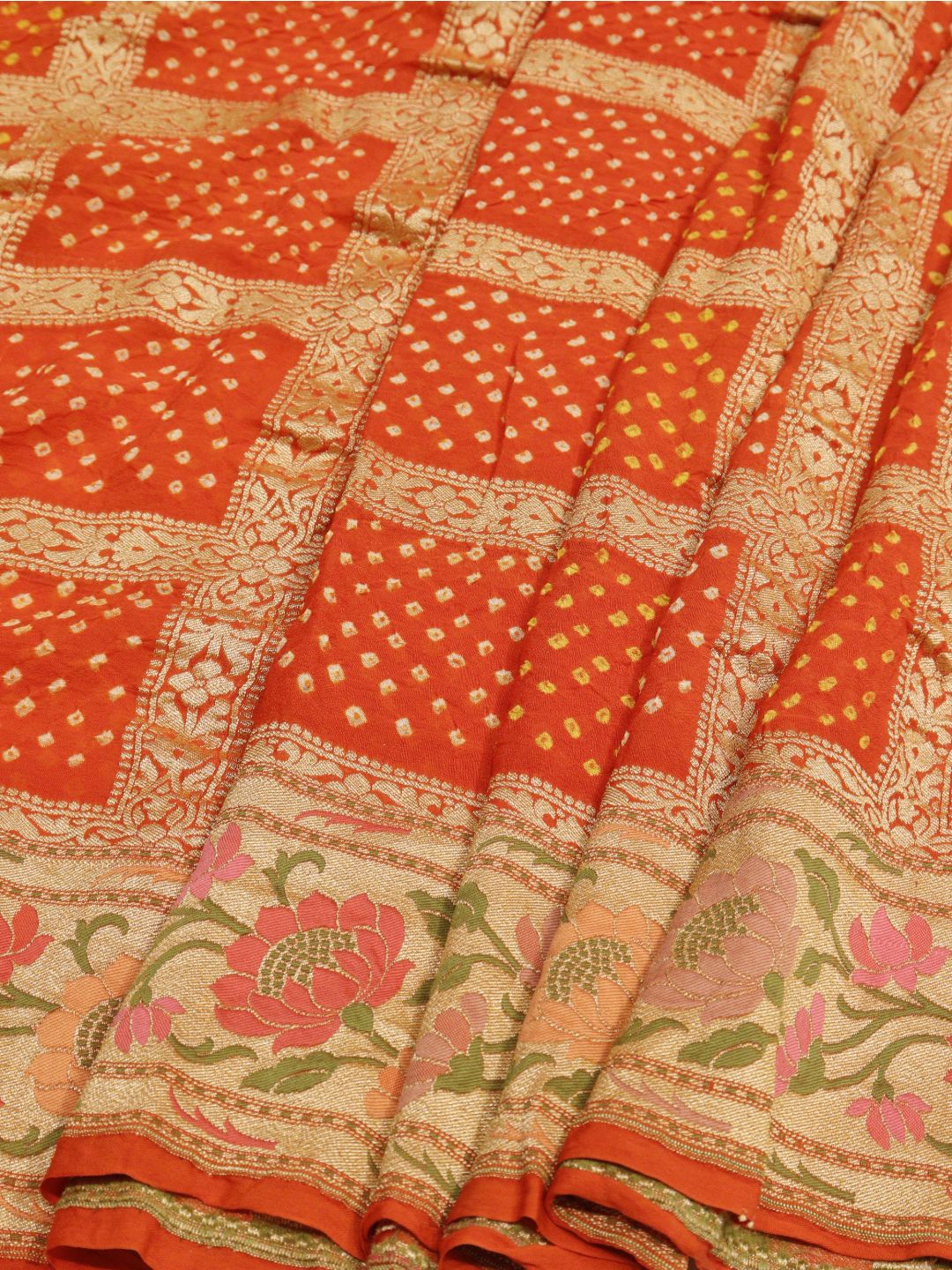 Orange Bandhani Banarasi saree blouse piece