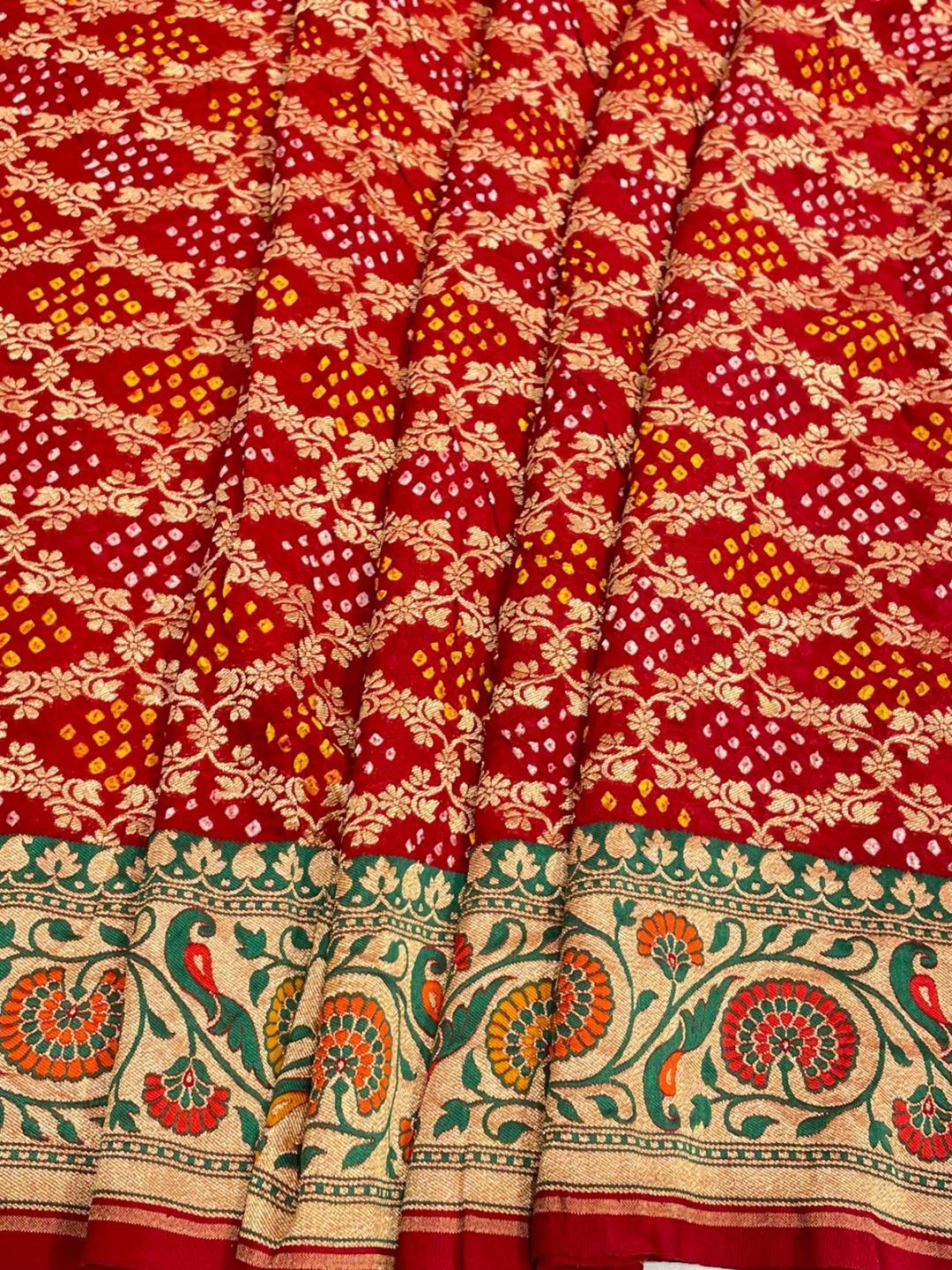 Deep Red Bandhani Banarasi saree front drape view