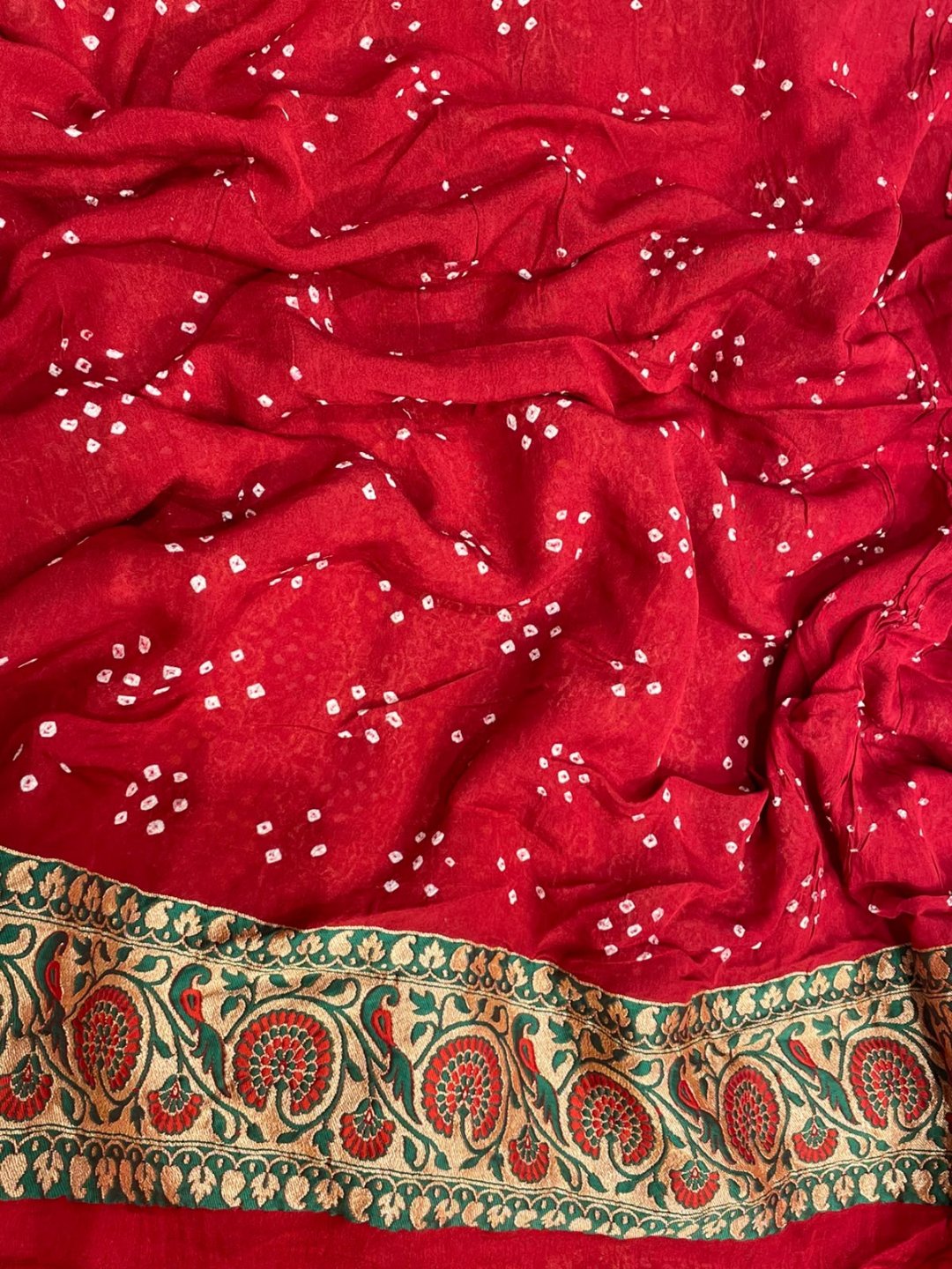 Deep Red Bandhani Banarasi saree full spread