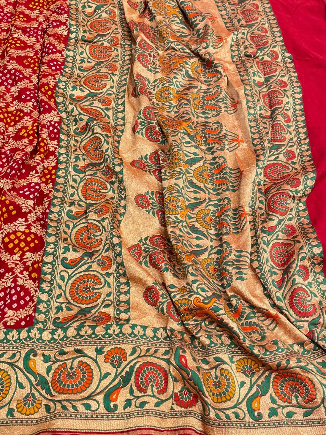 Deep Red Bandhani Banarasi saree pallu detail