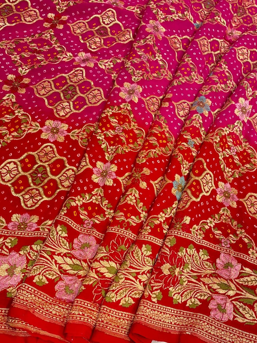 Dark. pink with red border Bandhani Banarasi saree front drape view