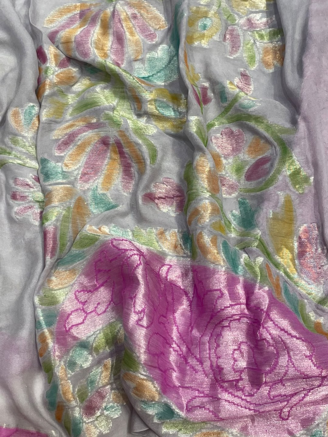 Grey with pink border Chiffon Banarasi saree front drape view