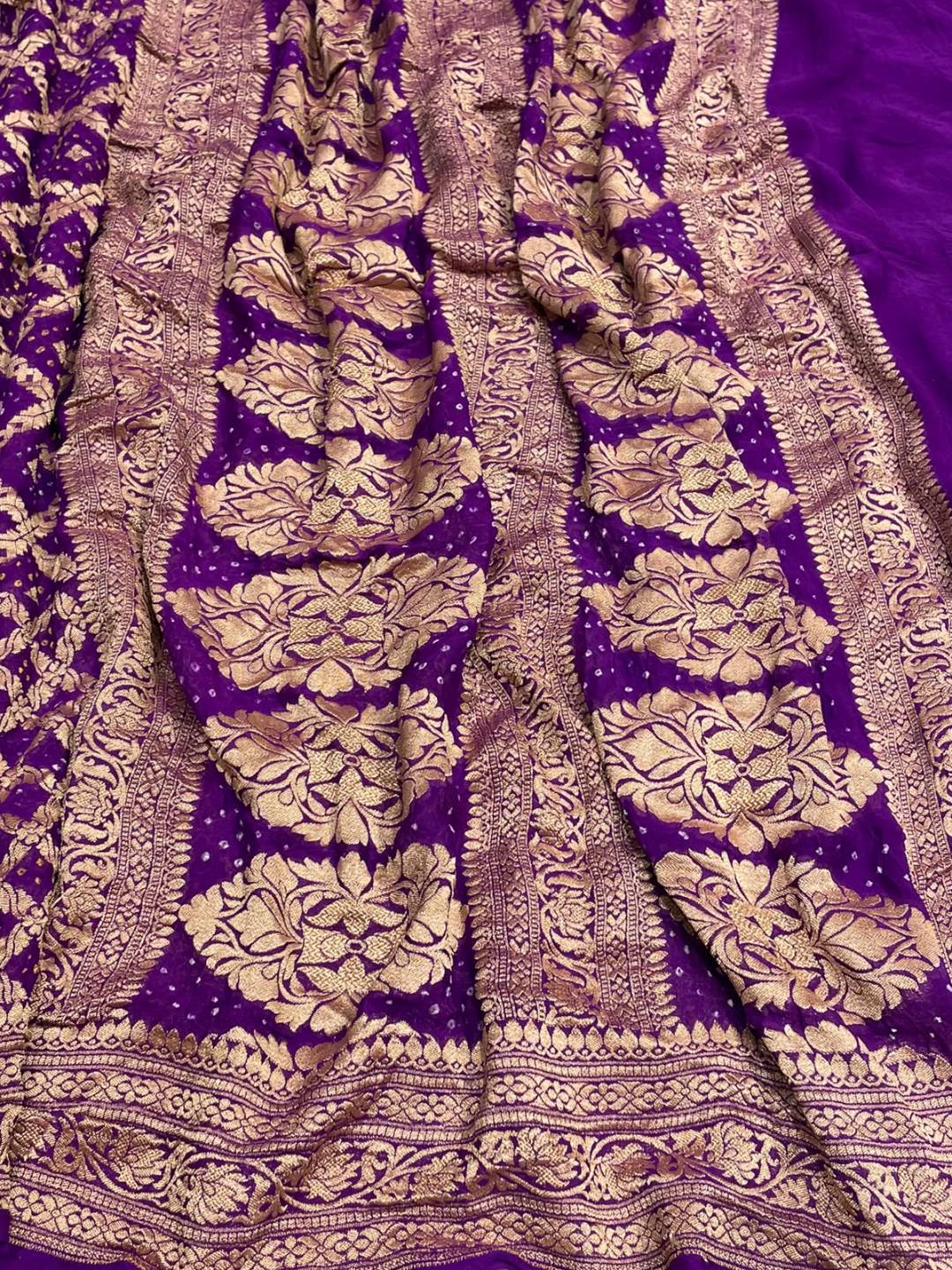 Royal Purple Bandhani Banarasi saree front drape view