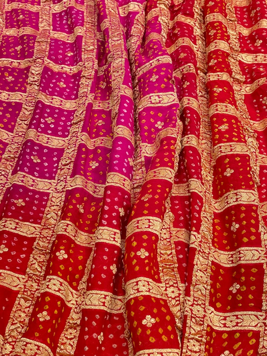 Red and Pink Bandhani Banarasi saree blouse piece