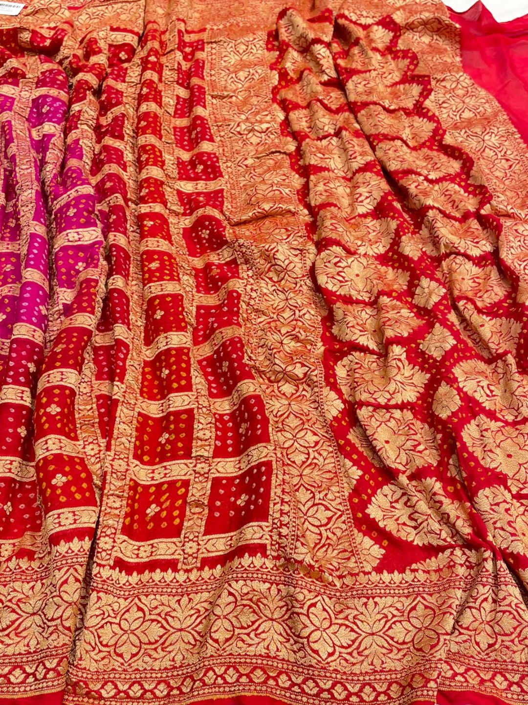 Red and Pink Bandhani Banarasi saree front drape view