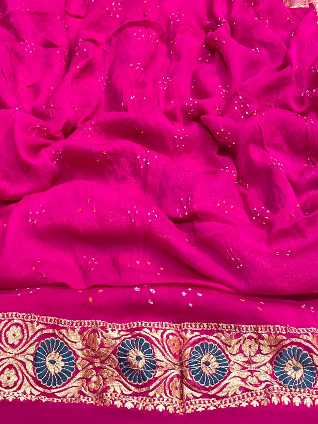 Dark Red with multicolor floral work Bandhani Banarasi saree full spread