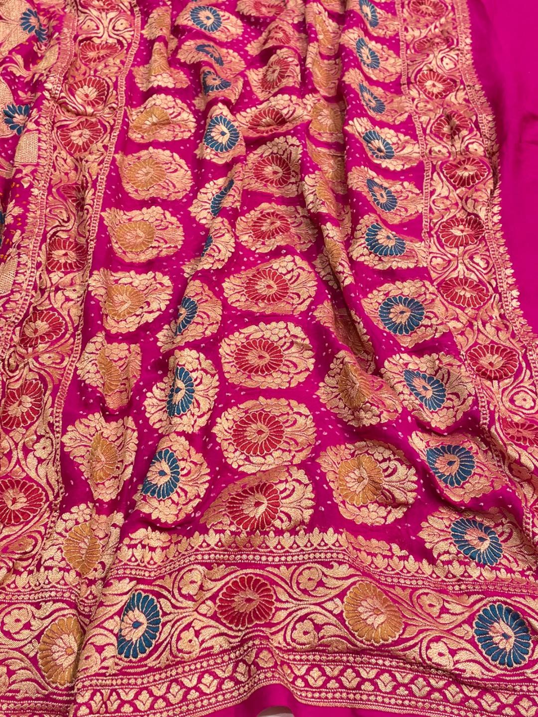 Dark Red with multicolor floral work Bandhani Banarasi saree border closeup