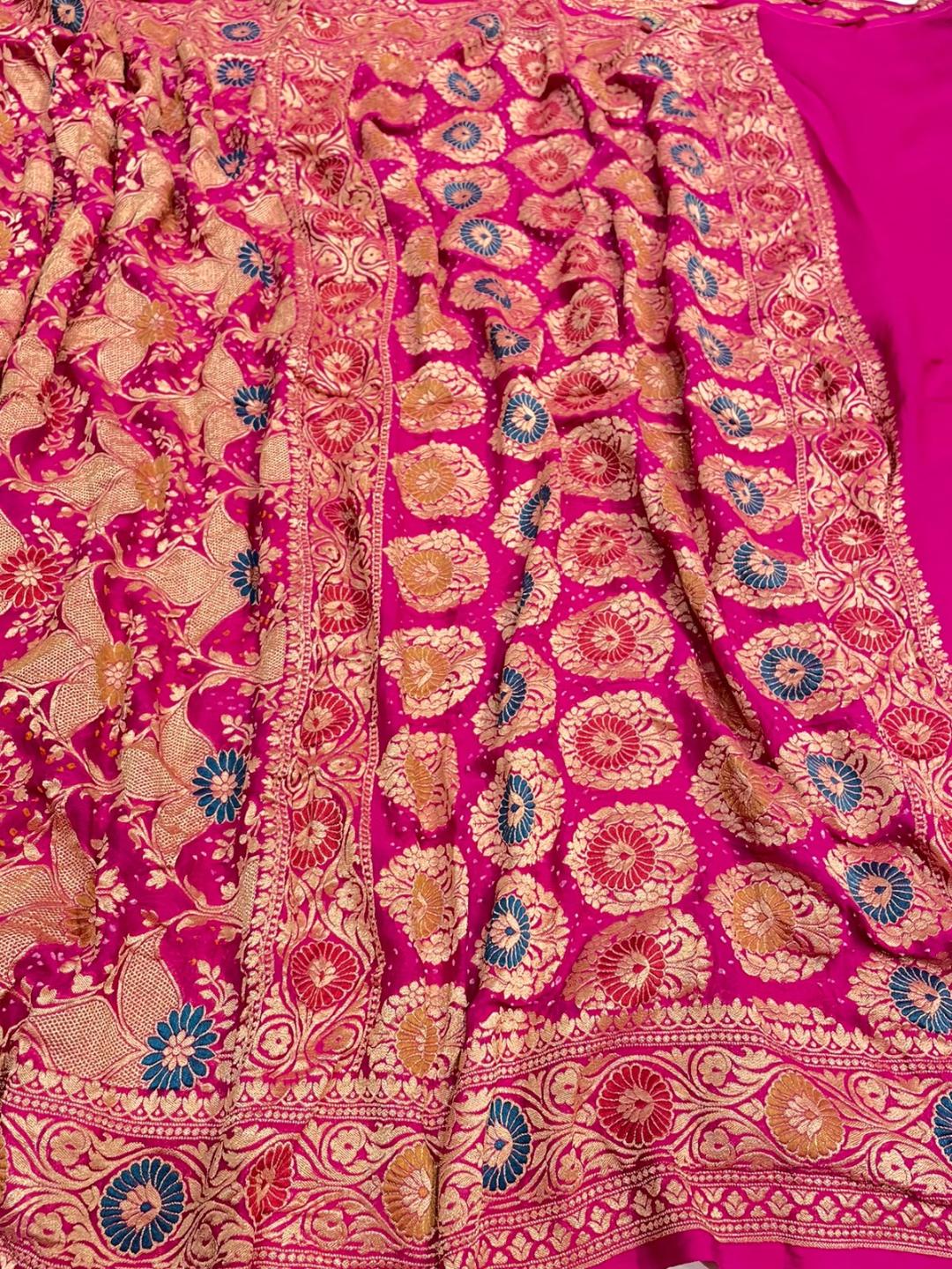 Dark Red with multicolor floral work Bandhani Banarasi saree front drape view