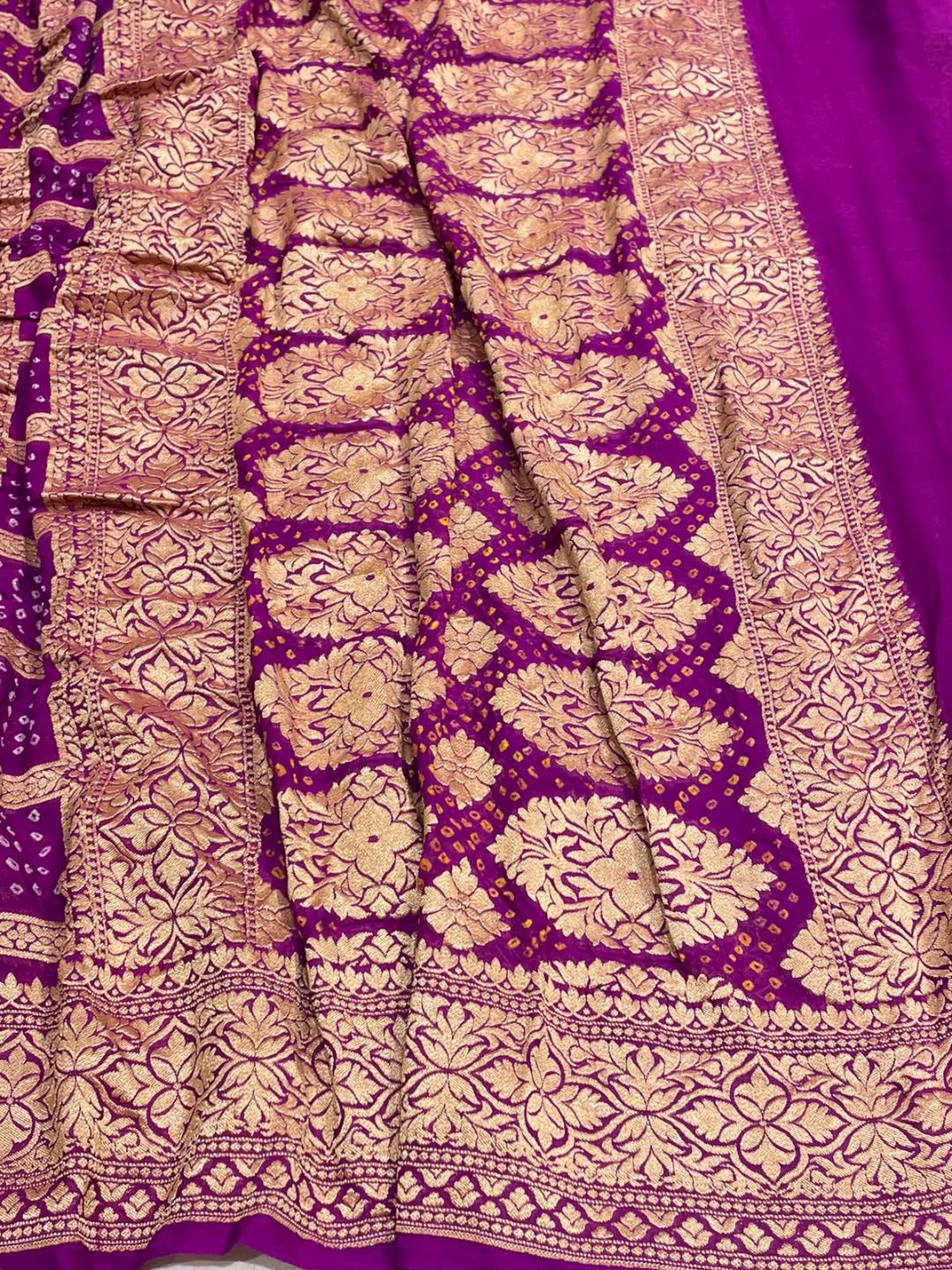 Violet Bandhani Banarasi saree front drape view
