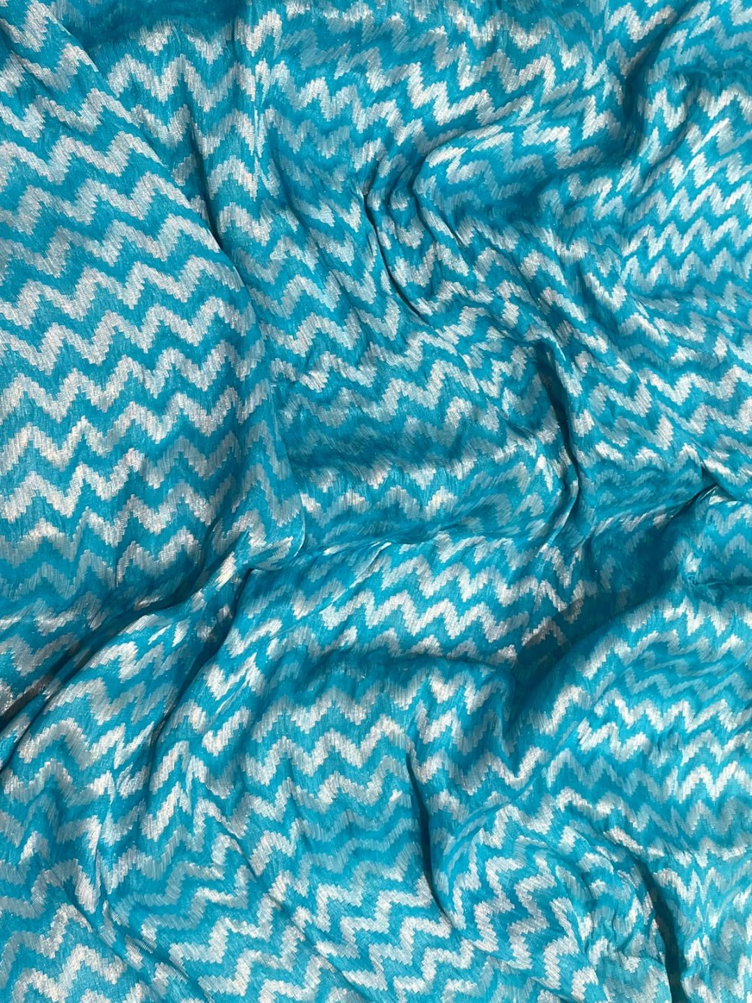 Light Sea Blue with sky blue border Chiffon Banarasi saree full spread