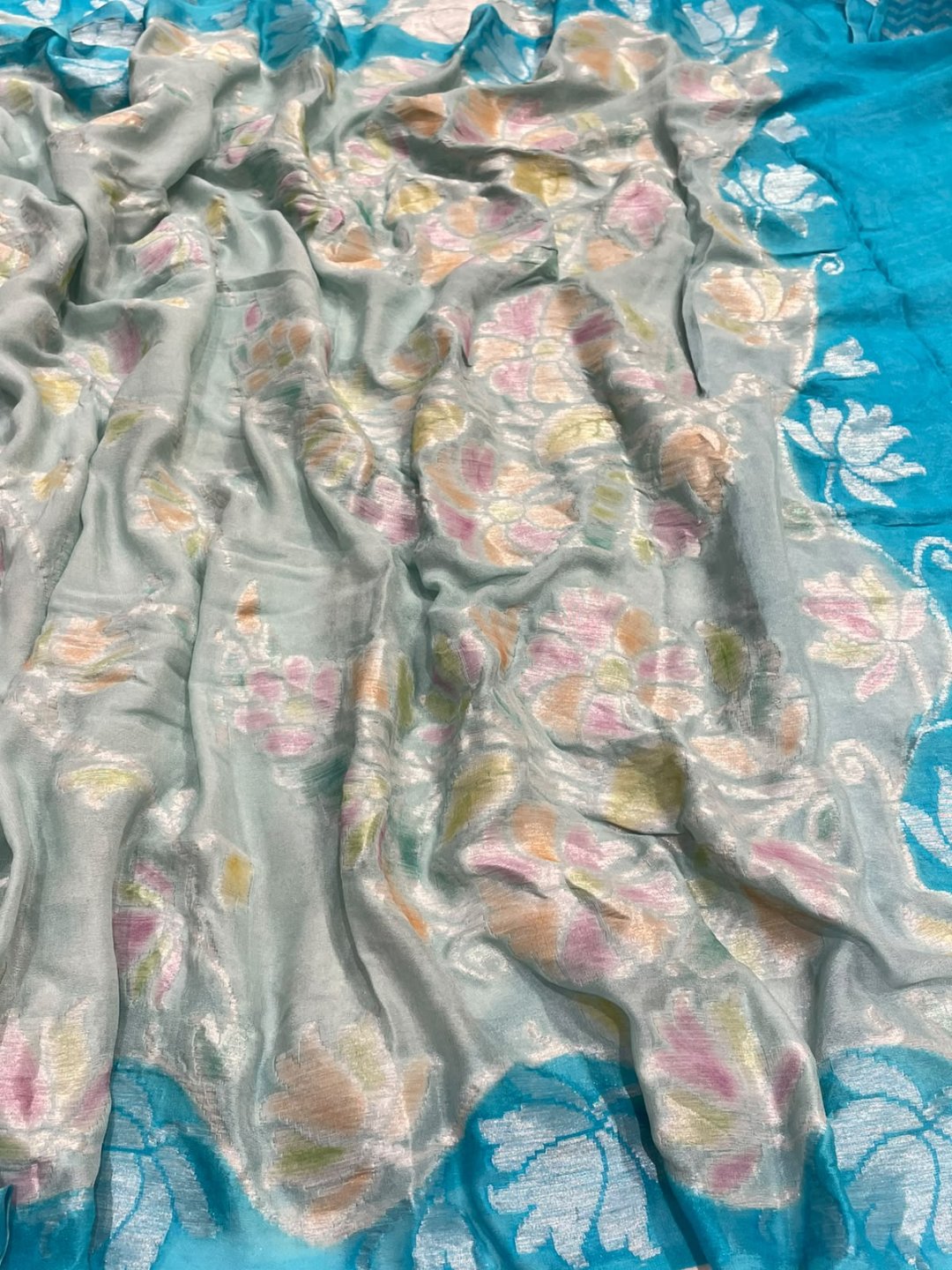 Light Sea Blue with sky blue border Chiffon Banarasi saree front drape view
