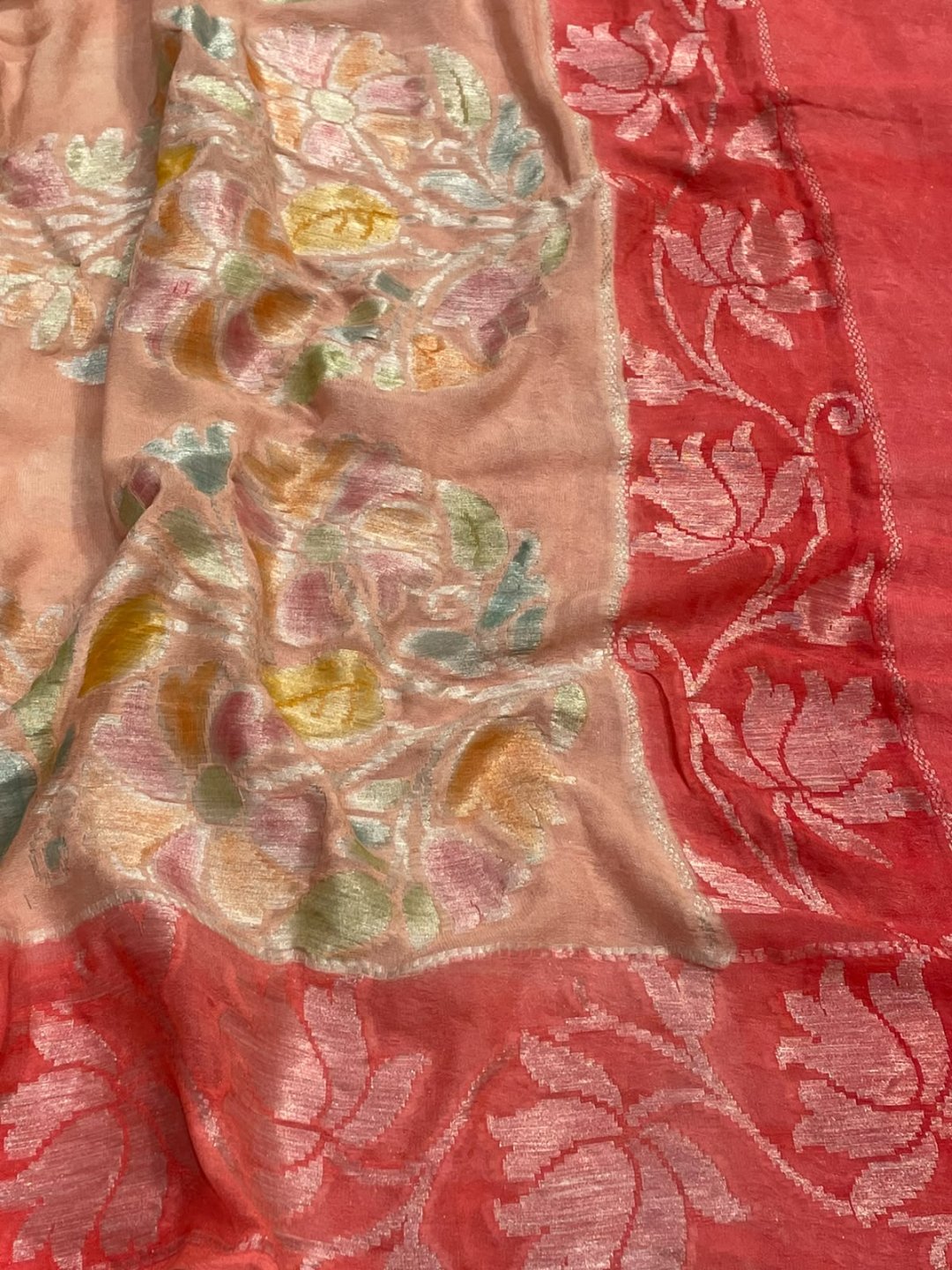 Peach with coral pink border Chiffon Banarasi saree front drape view