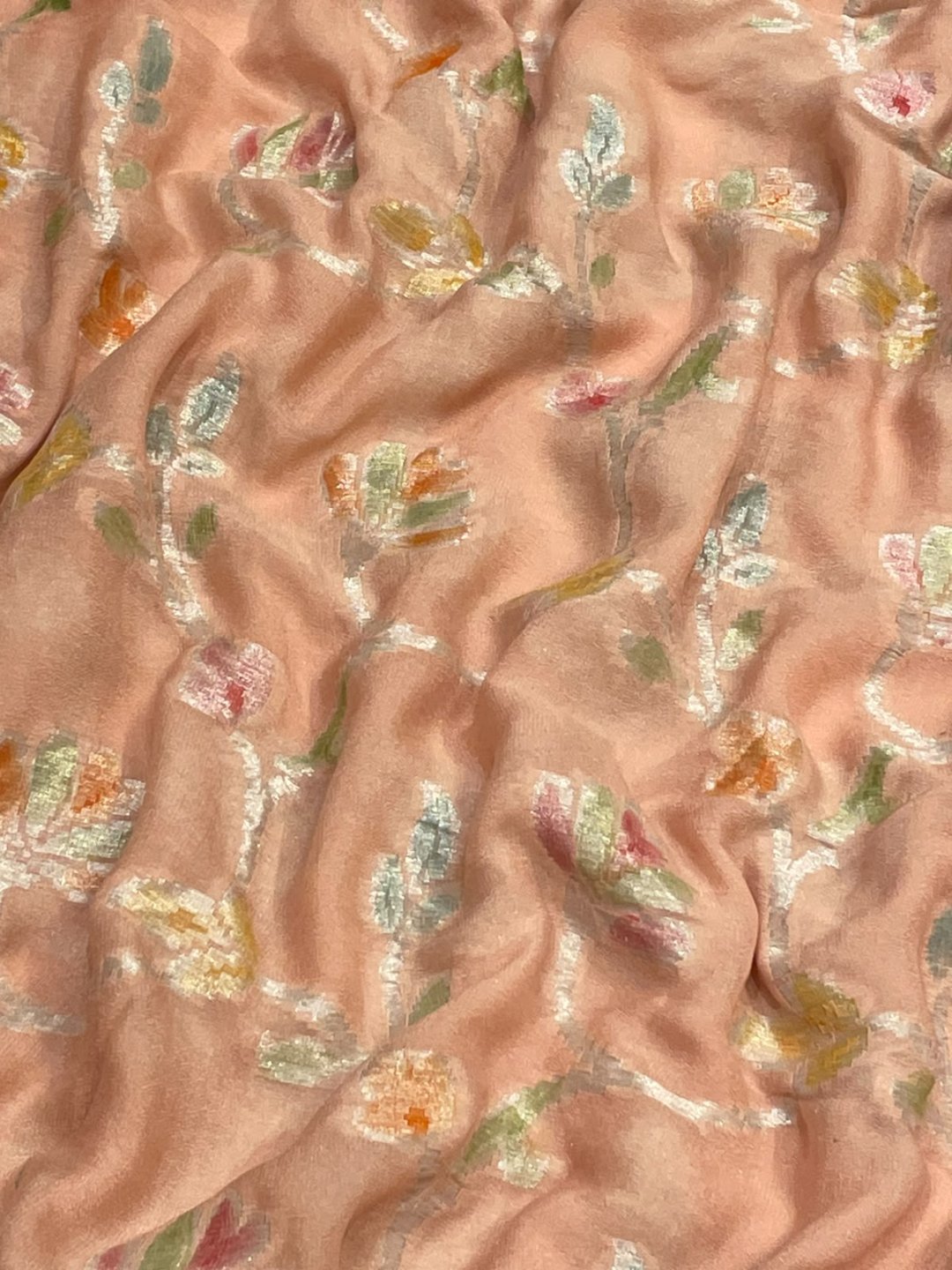 Peach with coral pink border Chiffon Banarasi saree blouse piece