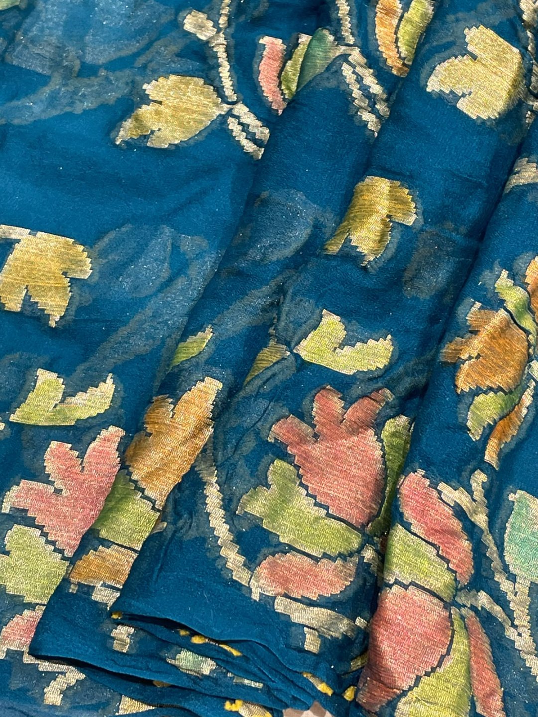 Teal Blue Chiffon Banarasi saree pallu detail