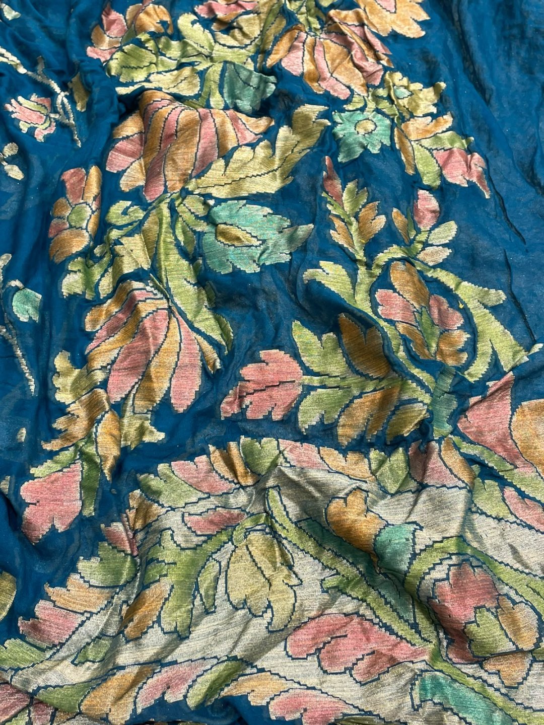 Teal Blue Chiffon Banarasi saree front drape view