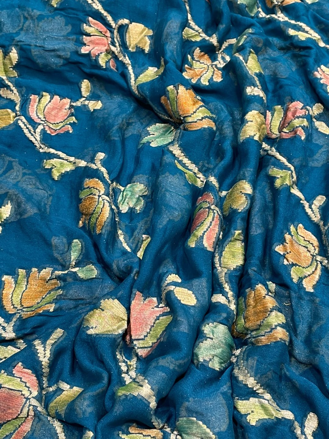 Teal Blue Chiffon Banarasi saree blouse piece