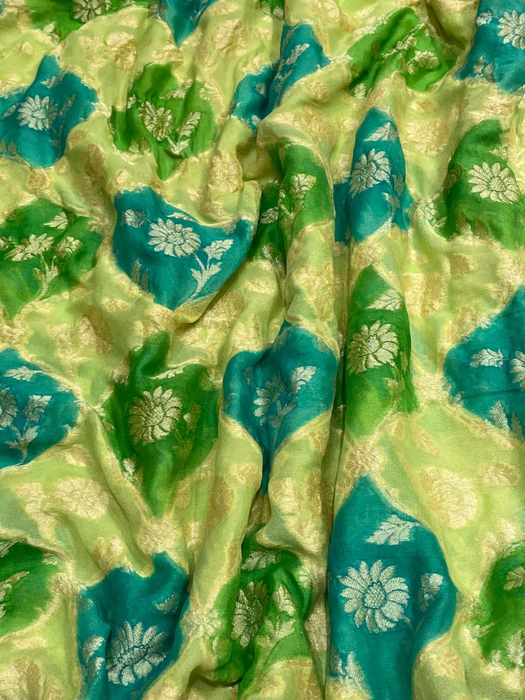 vibrant mix of light green and aqua blue. Chiffon Banarasi saree blouse piece
