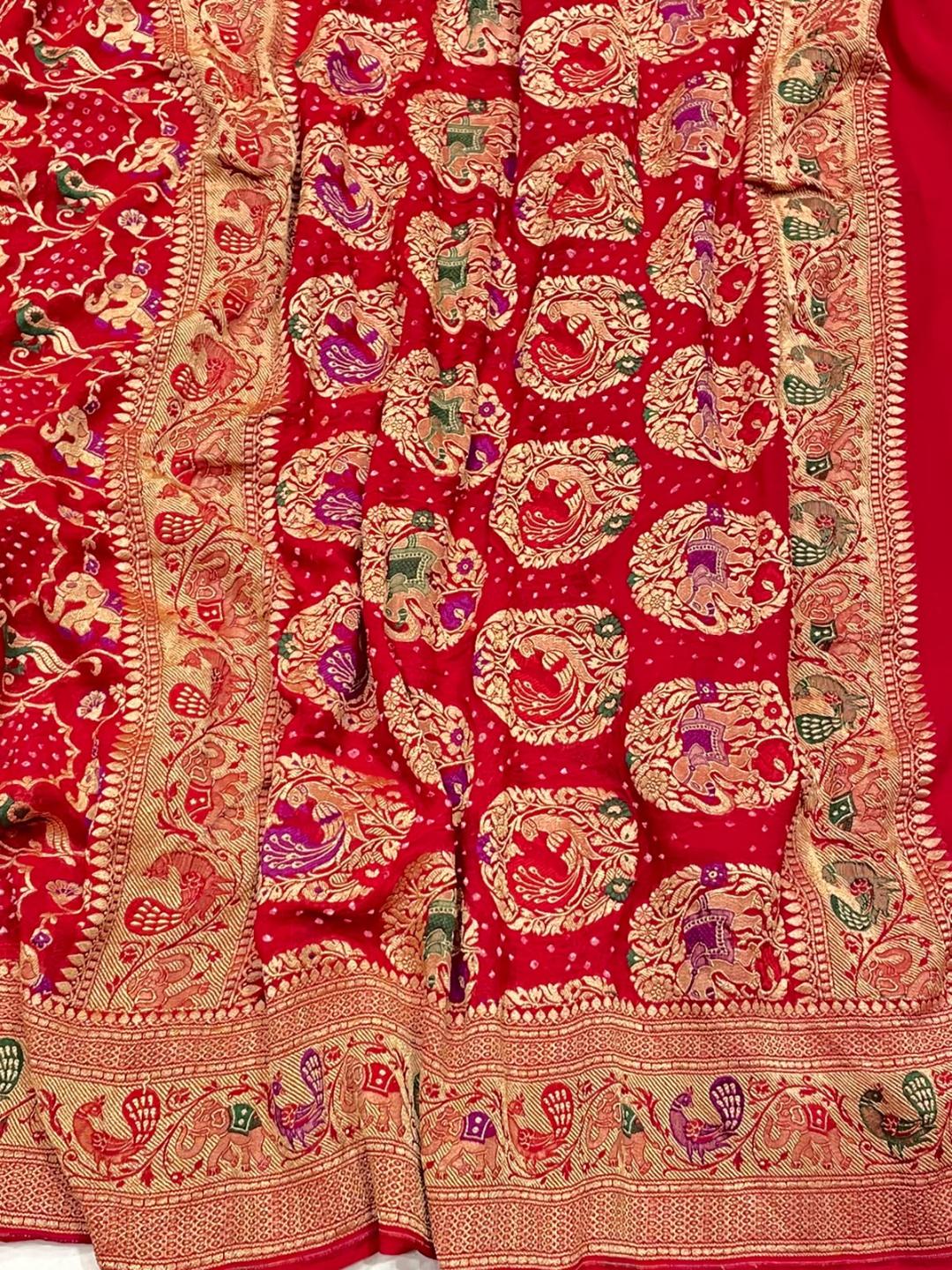 Dark Red Georgette Banarasi saree front drape view